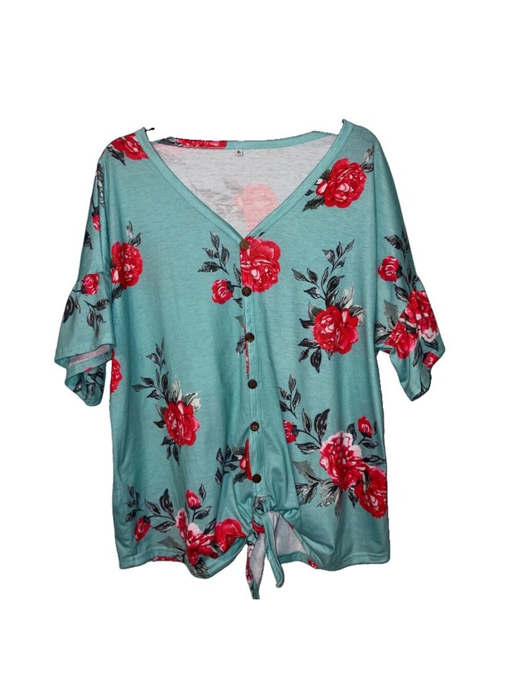 Button Up Blouse Shirt Aqua Floral Print V-neck Tie Waist Stretch Sz XL